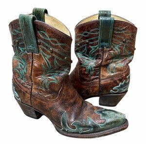 Corral Brown and Turquoise Embellished & Embroidered Snip Toe Western Boots